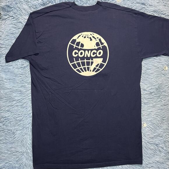 VINTAGE Conco Cleaning Globe Graphic Shirt Size 2XL Mens Retro Navy Blue 90s - Picture 1 of 8